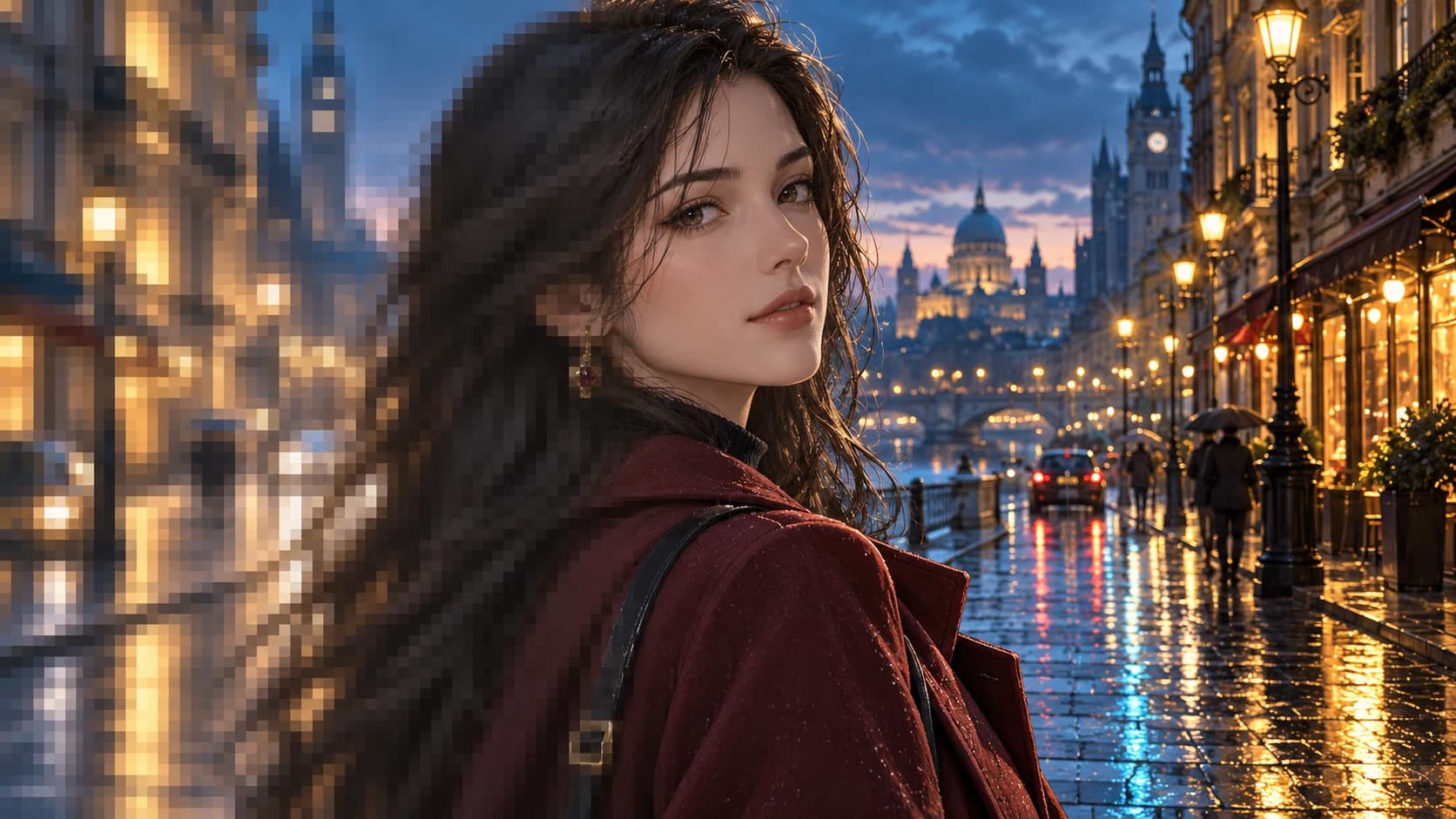 Concept illustration of an adult anime character and city scene transitioning from pixelated on the left to clear on the right.