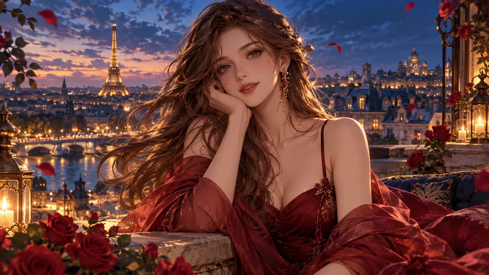 Promotional anime illustration of an adult woman on a city rooftop at dusk
