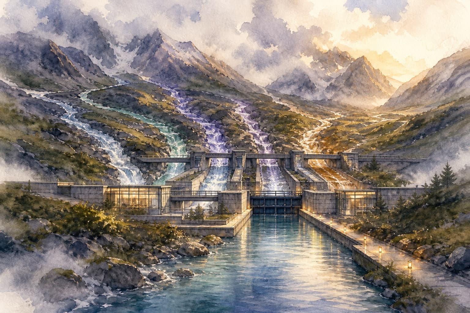 Watercolor streams representing model capabilities flowing into one route
